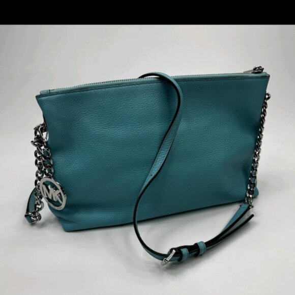 MICHAEL Michael Kors Tile Blue Leather Chain Link Crossbody Bag Purse EUC - Picture 1 of 16